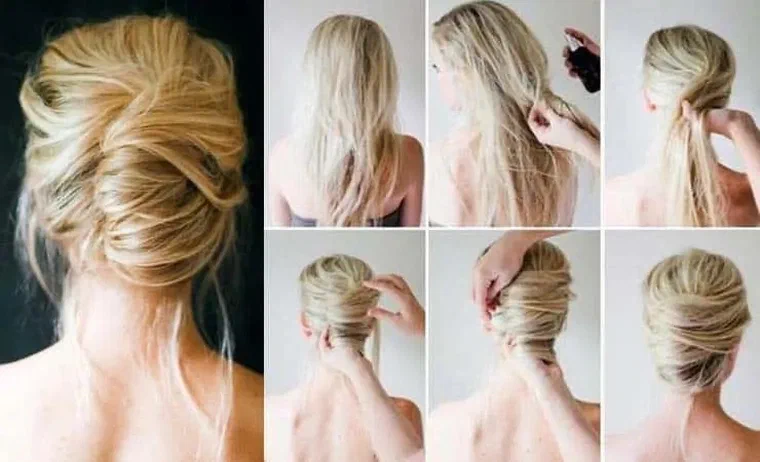 Các bước tạo kiểu French twist: xịt dưỡng, gom tóc về một bên, xoắn dọc và ghim cố định
