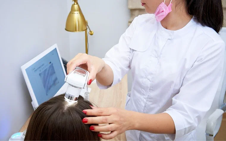 Bác sĩ da liễu soi da đầu bằng máy soi chuyên dụng trước khi tẩy tế bào chết da đầu