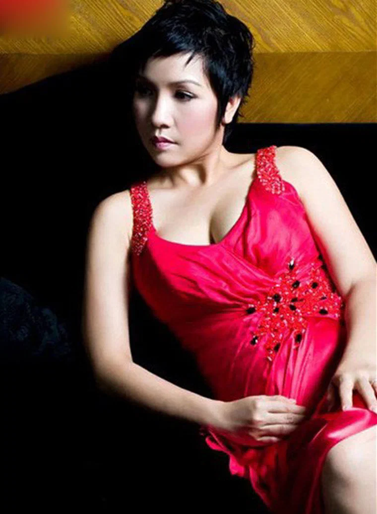 Mỹ Linh tóc pixie đen tỉa nhiều tầng, đỉnh xù nhẹ, mái ngắn, mặc đầm đỏ